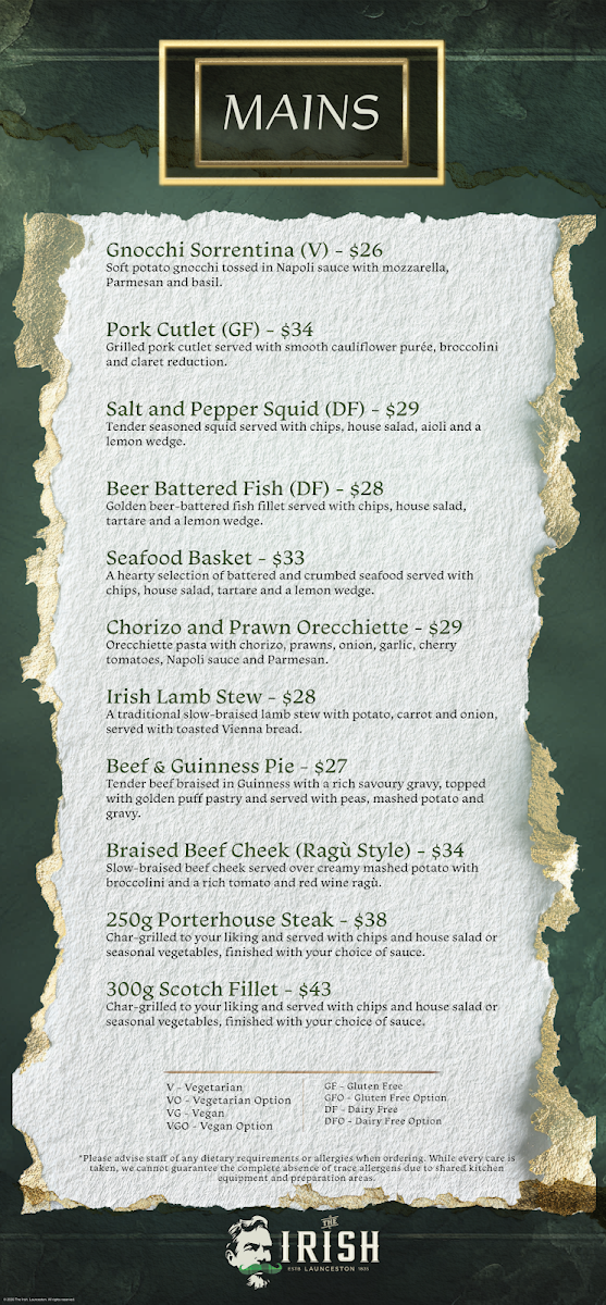 Menu, The Irish, Launceston