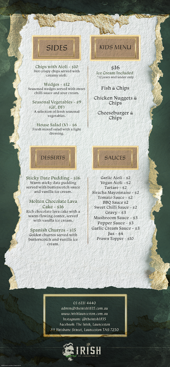Menu, The Irish, Launceston