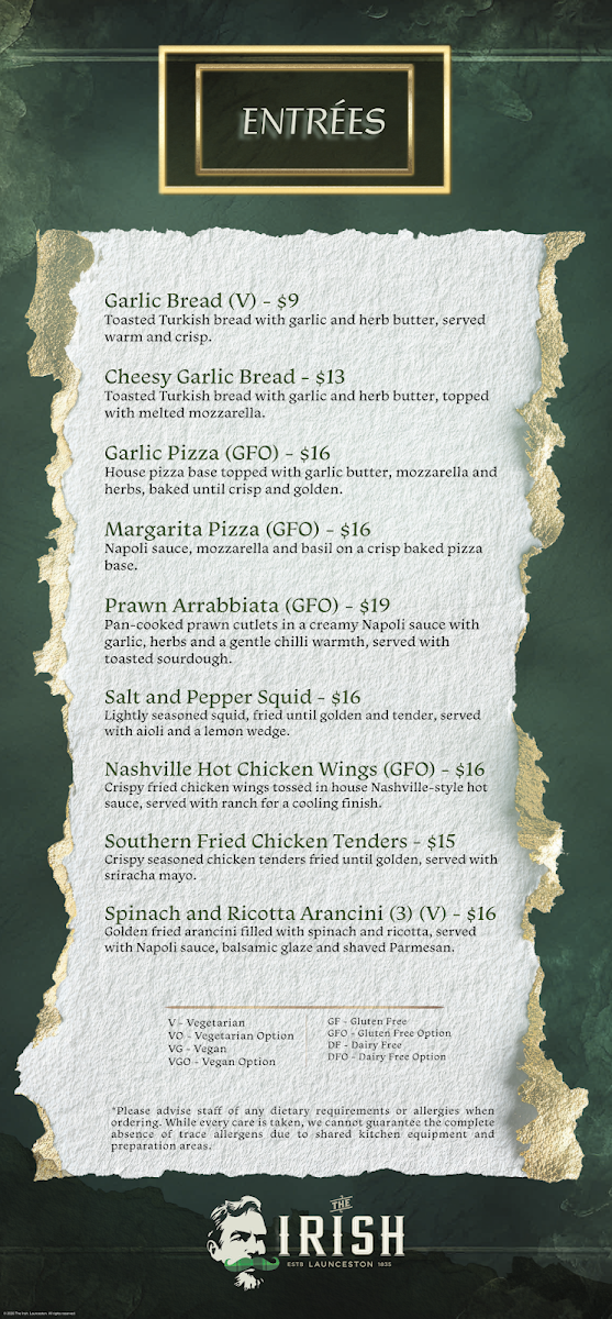 Menu, The Irish, Launceston