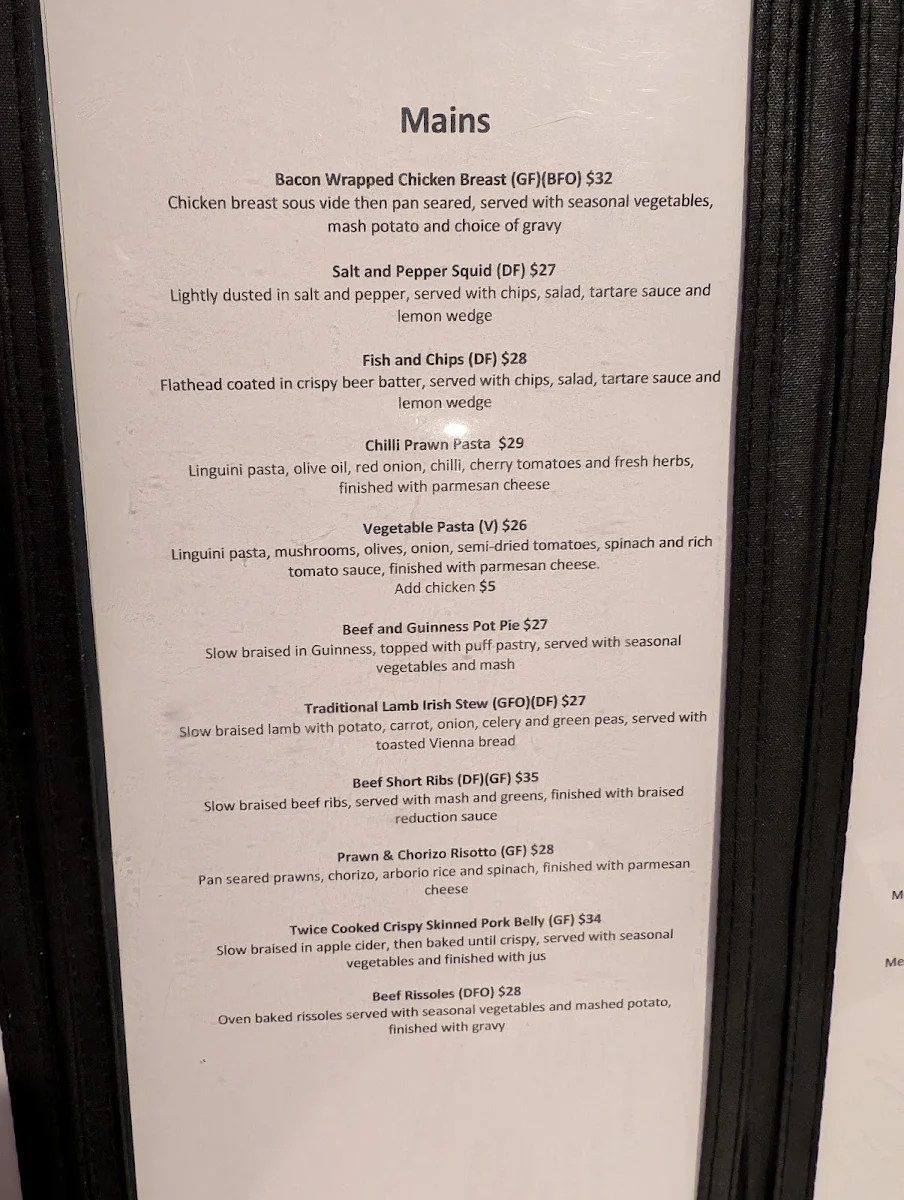 Menu, The Irish, Launceston