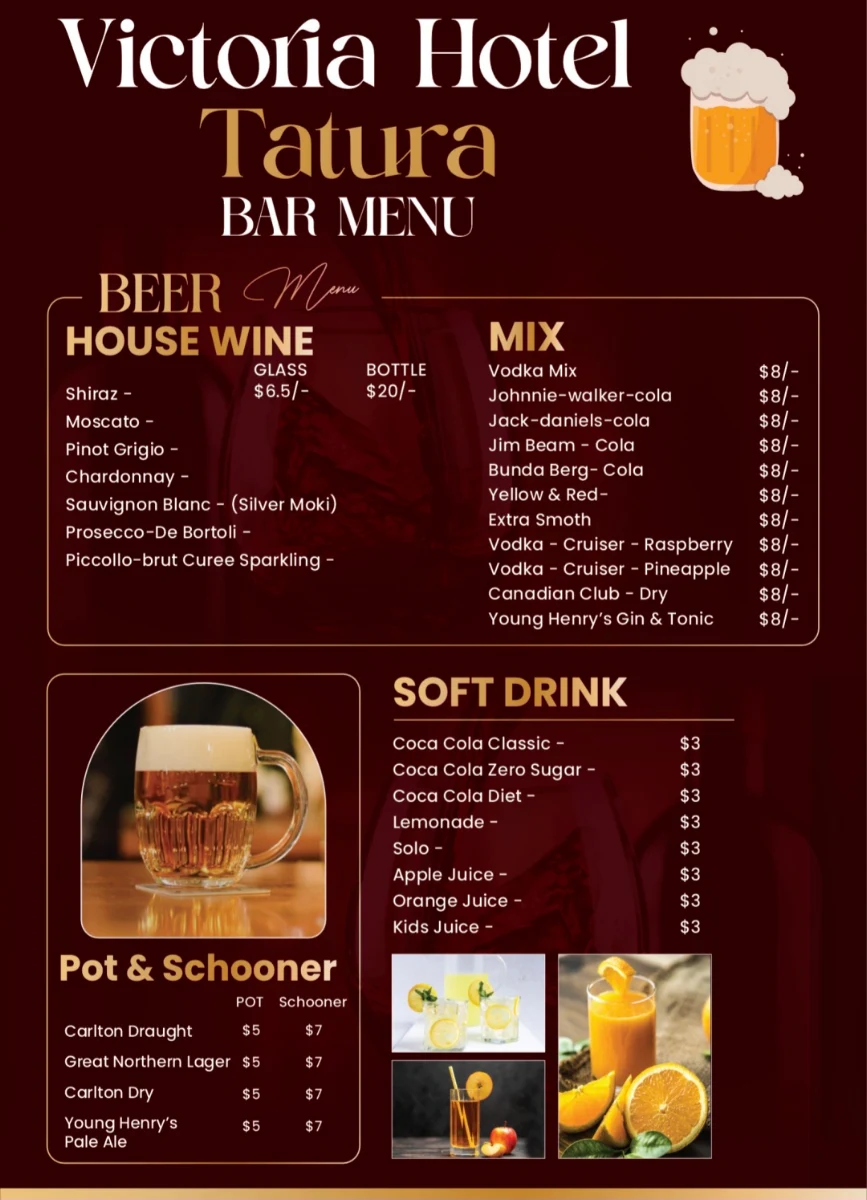 Menu, Victoria Hotel Tatura (Bottom Pub)