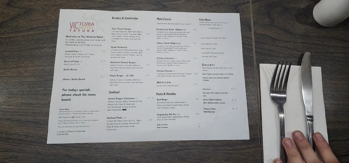 Menu, Victoria Hotel Tatura (Bottom Pub)