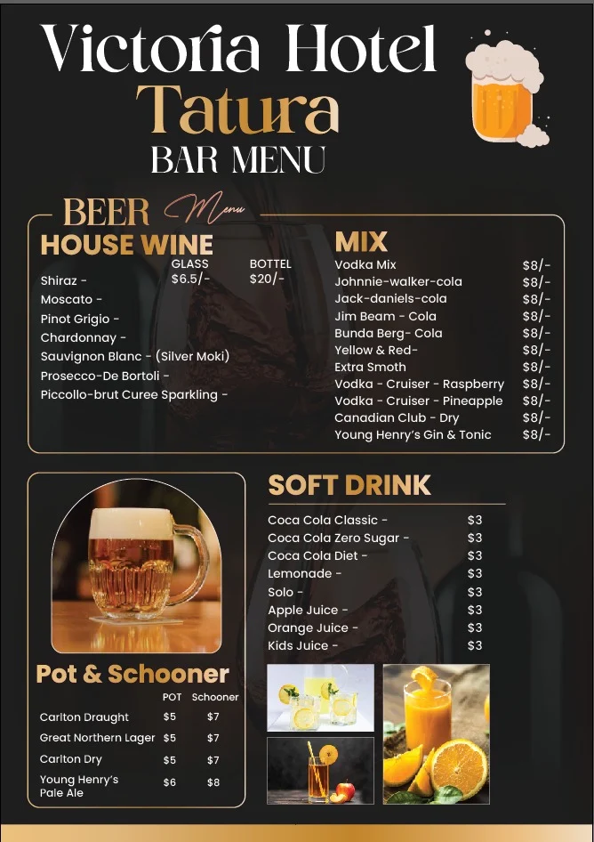 Menu, Victoria Hotel Tatura (Bottom Pub)