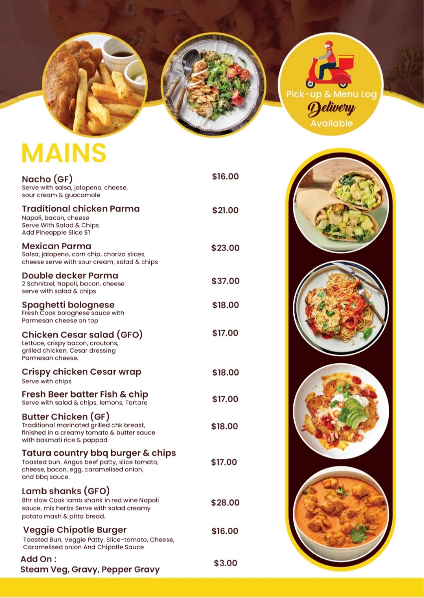 Menu, Victoria Hotel Tatura (Bottom Pub)