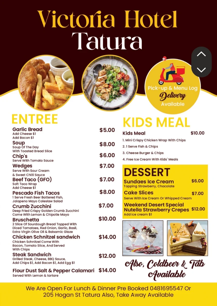 Menu, Victoria Hotel Tatura (Bottom Pub)