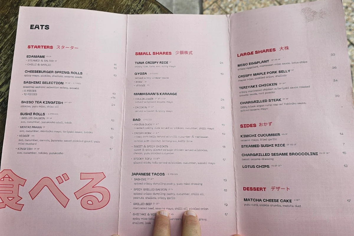 Menu, Mamasaan Bondi - Japanese Cuisine Restaurant and Bar in Bondi Beach