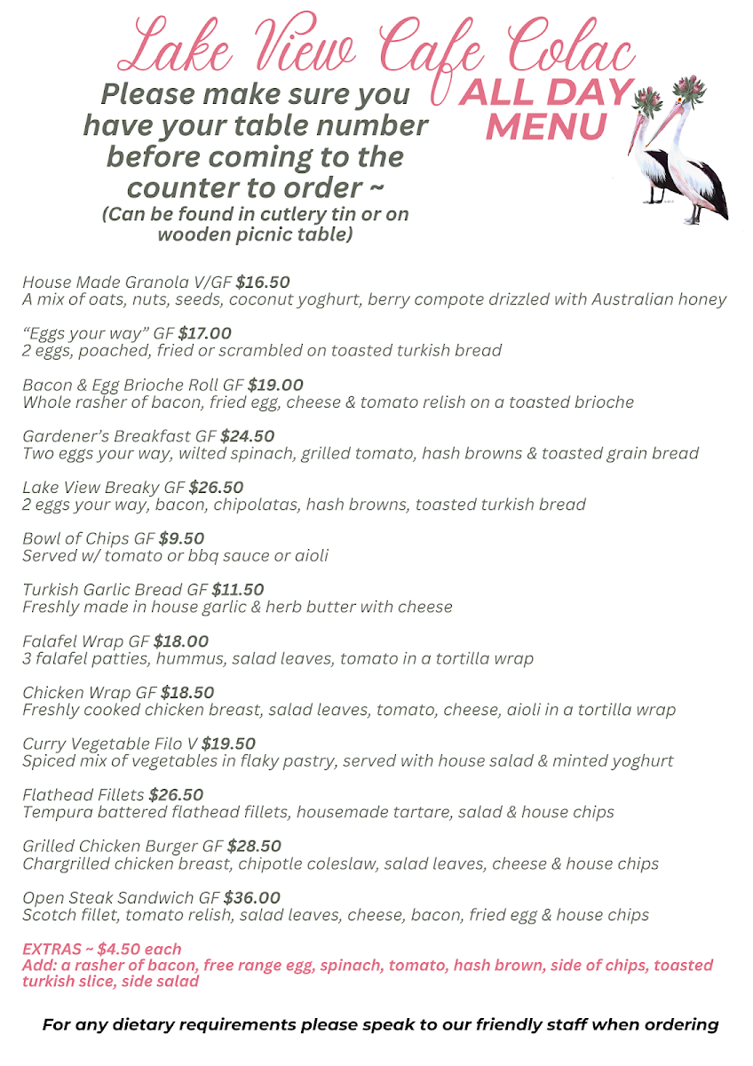 Menu, Lake View Cafe Colac