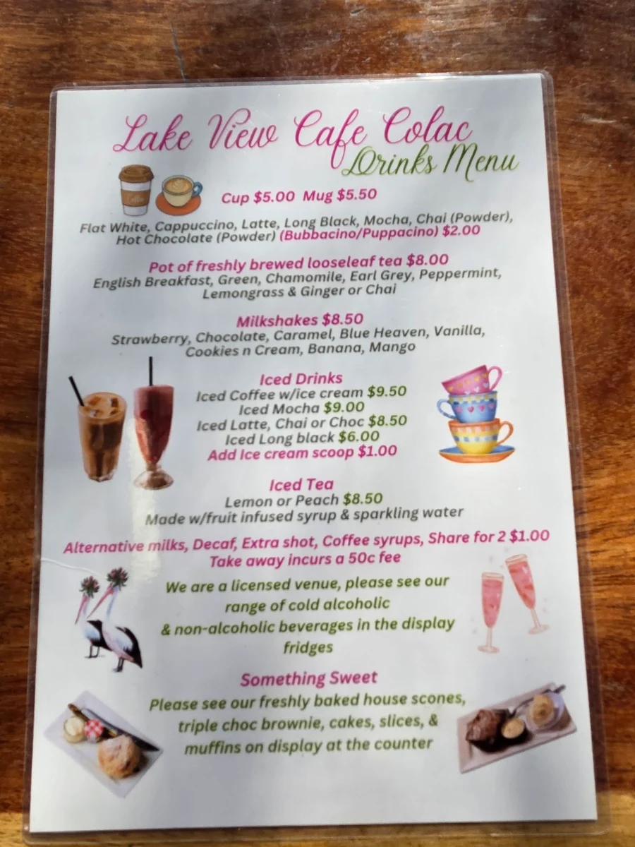 Menu, Lake View Cafe Colac