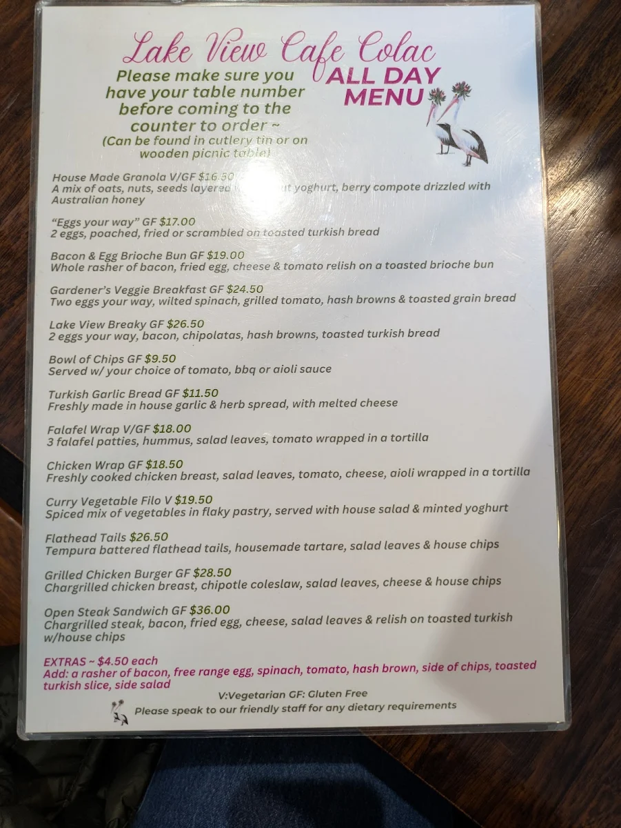 Menu, Lake View Cafe Colac