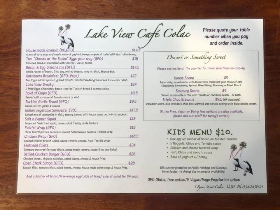Menu, Lake View Cafe Colac