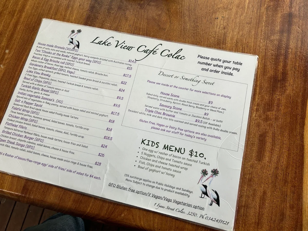 Menu, Lake View Cafe Colac