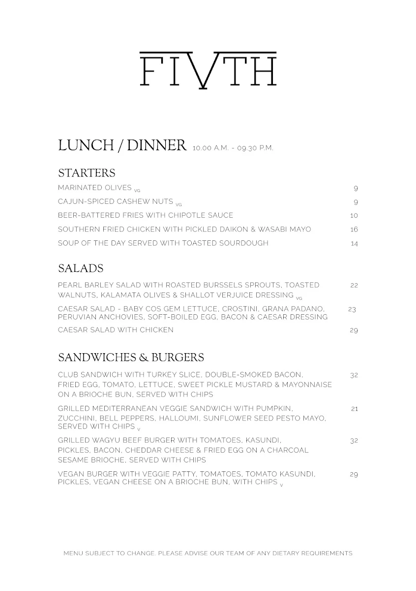 Menu, Fifth Restaurant