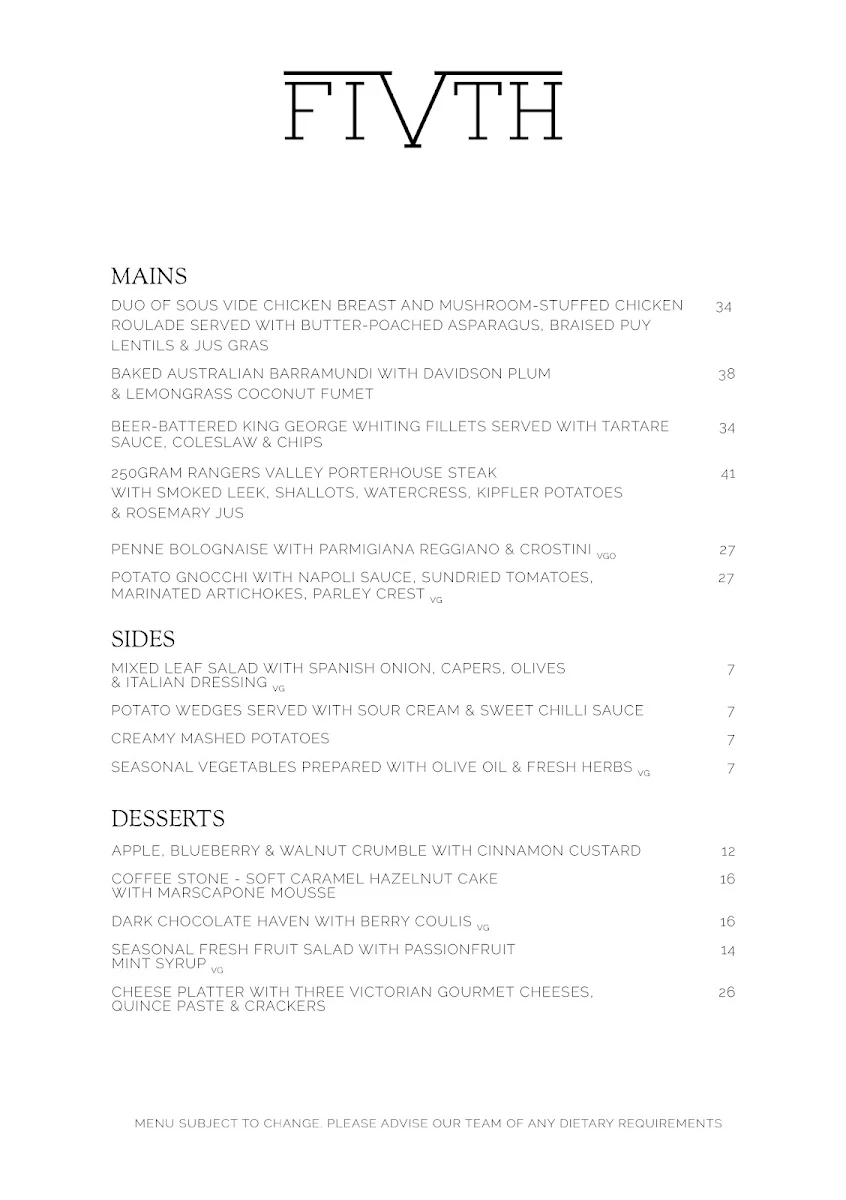 Menu, Fifth Restaurant