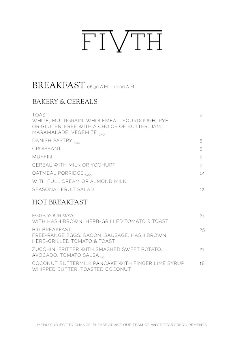 Menu, Fifth Restaurant