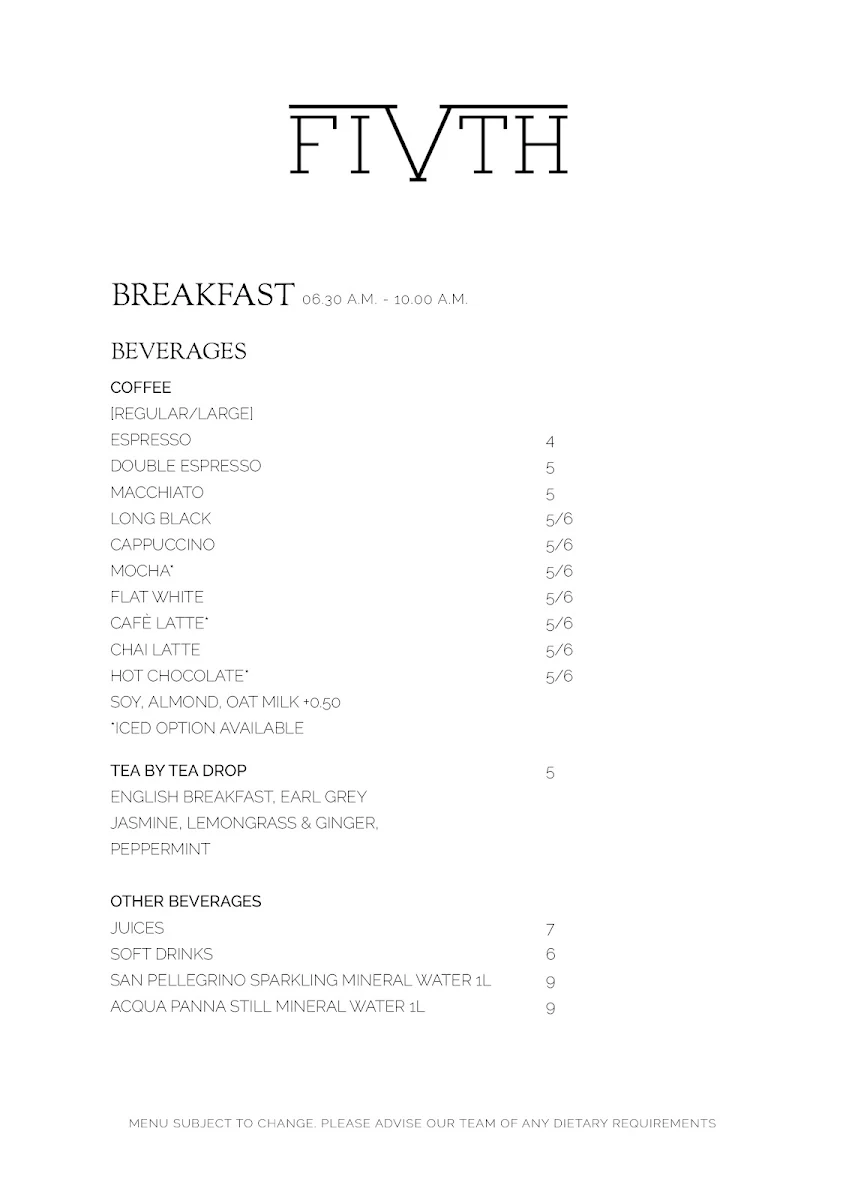 Menu, Fifth Restaurant