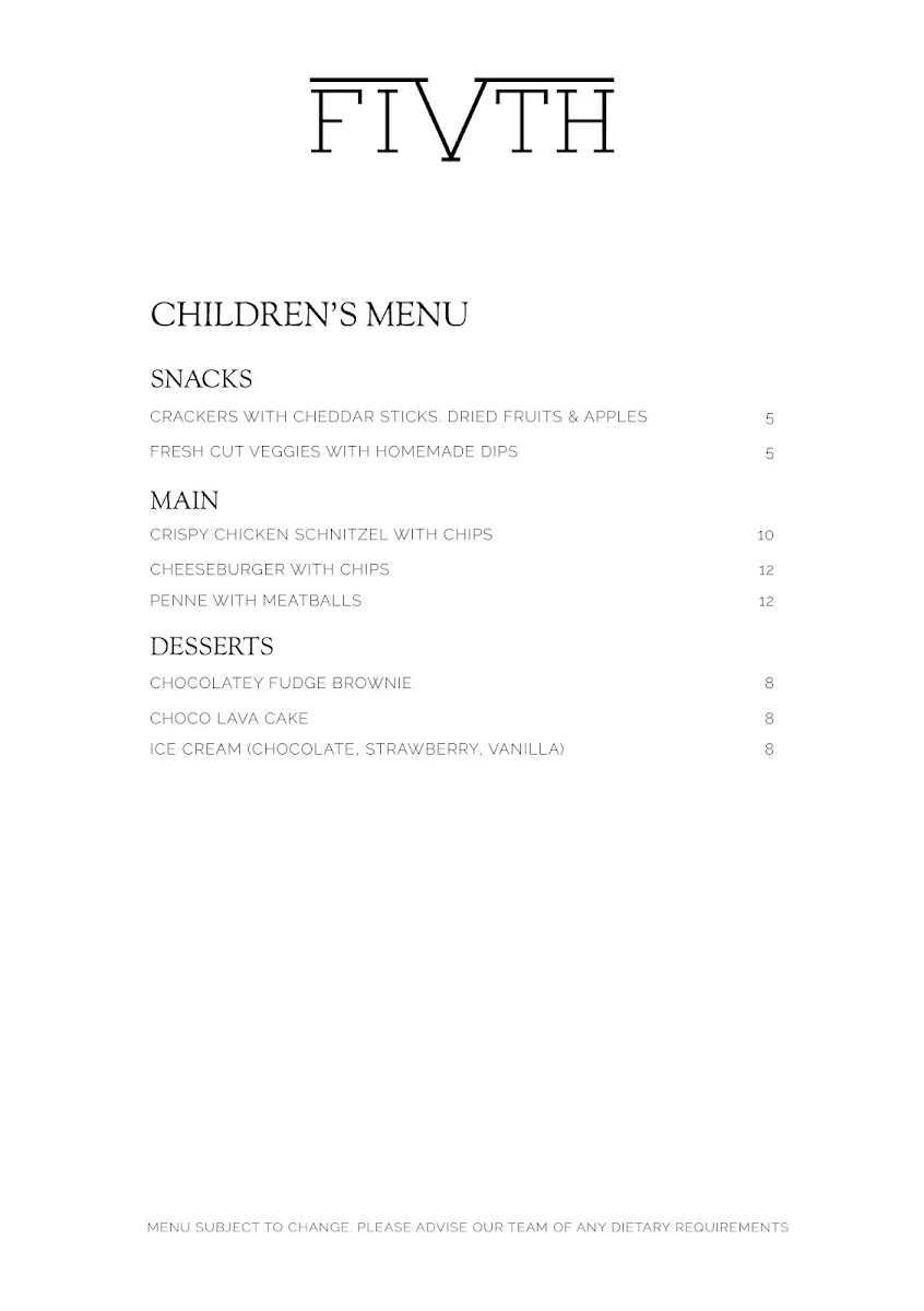 Menu, Fifth Restaurant