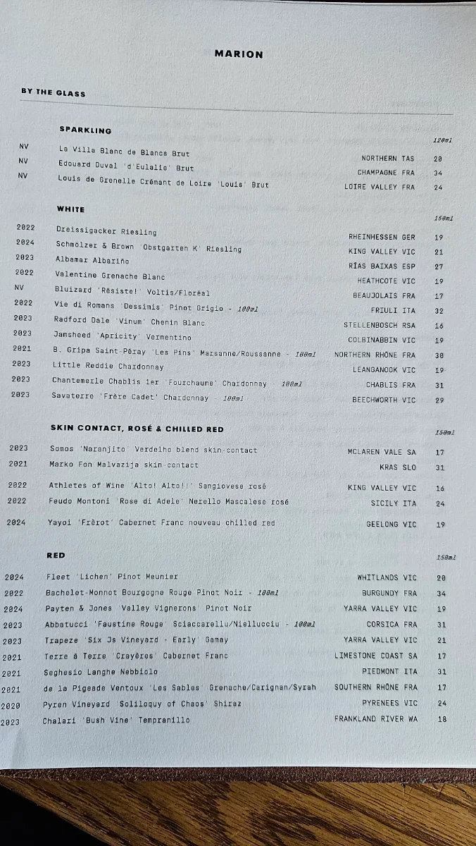 Menu, Marion Wine Bar