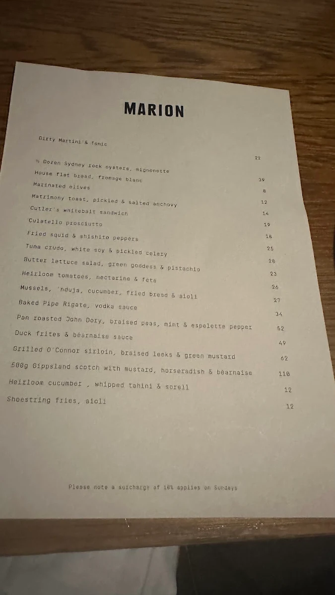 Menu, Marion Wine Bar