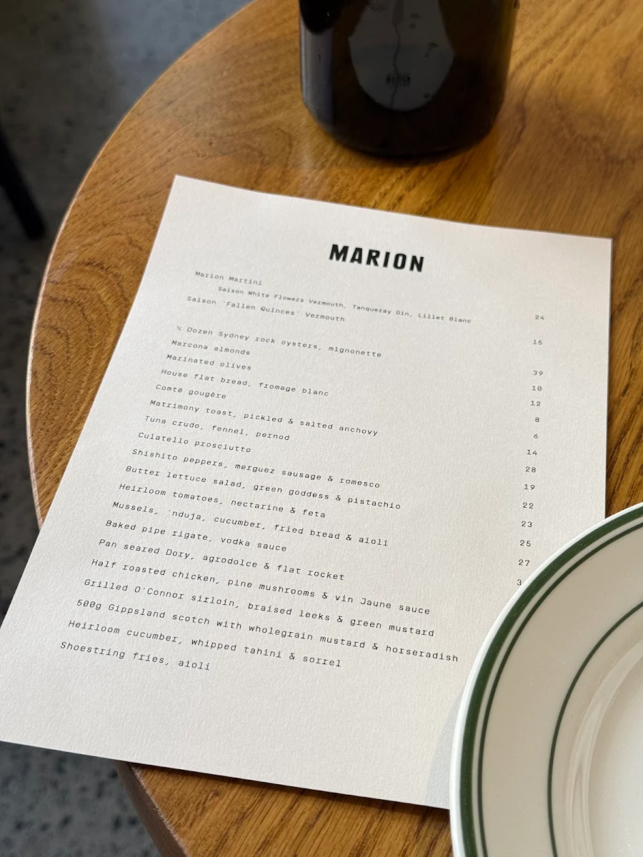 Menu, Marion Wine Bar