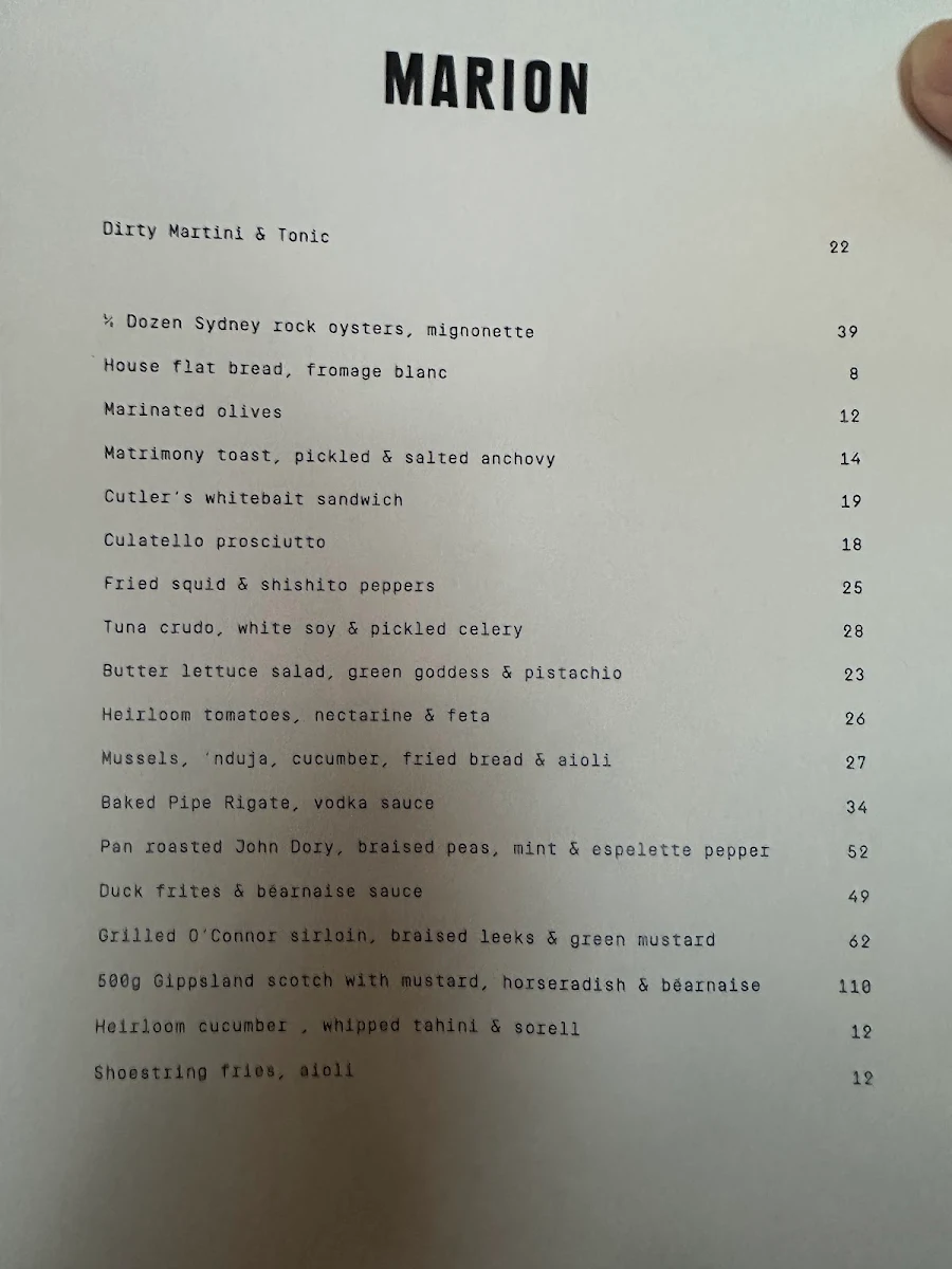 Menu, Marion Wine Bar
