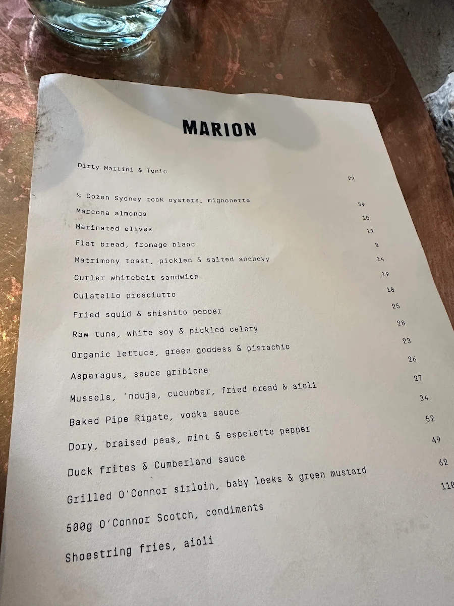 Menu, Marion Wine Bar
