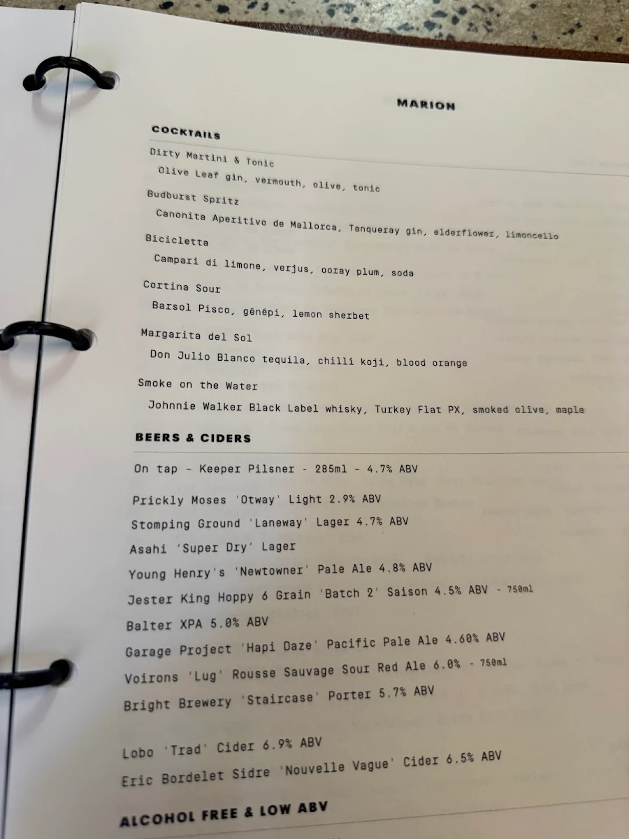 Menu, Marion Wine Bar