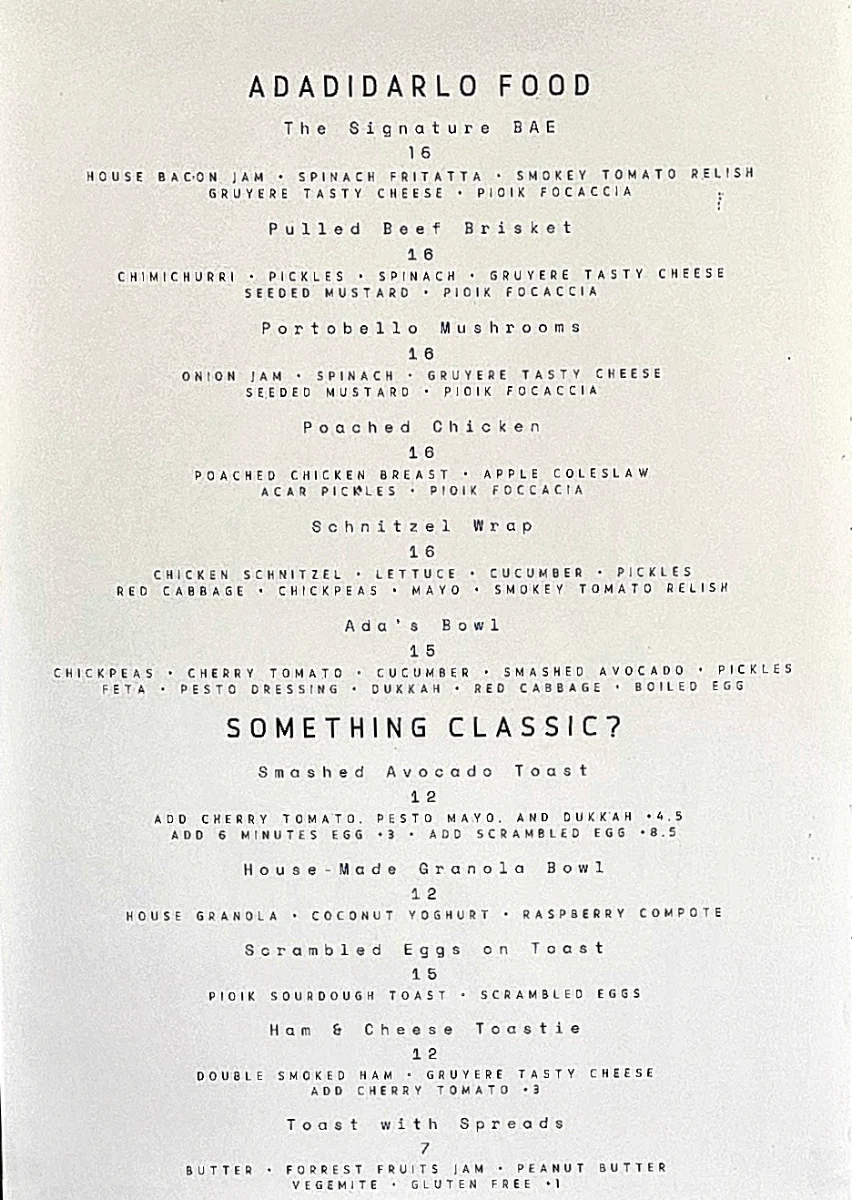Menu, Ada's Affair Darlo