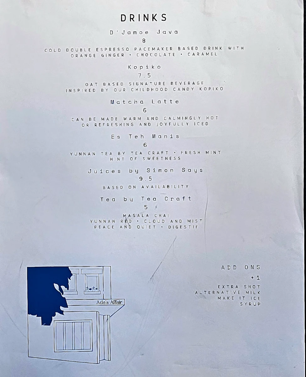 Menu, Ada's Affair Darlo