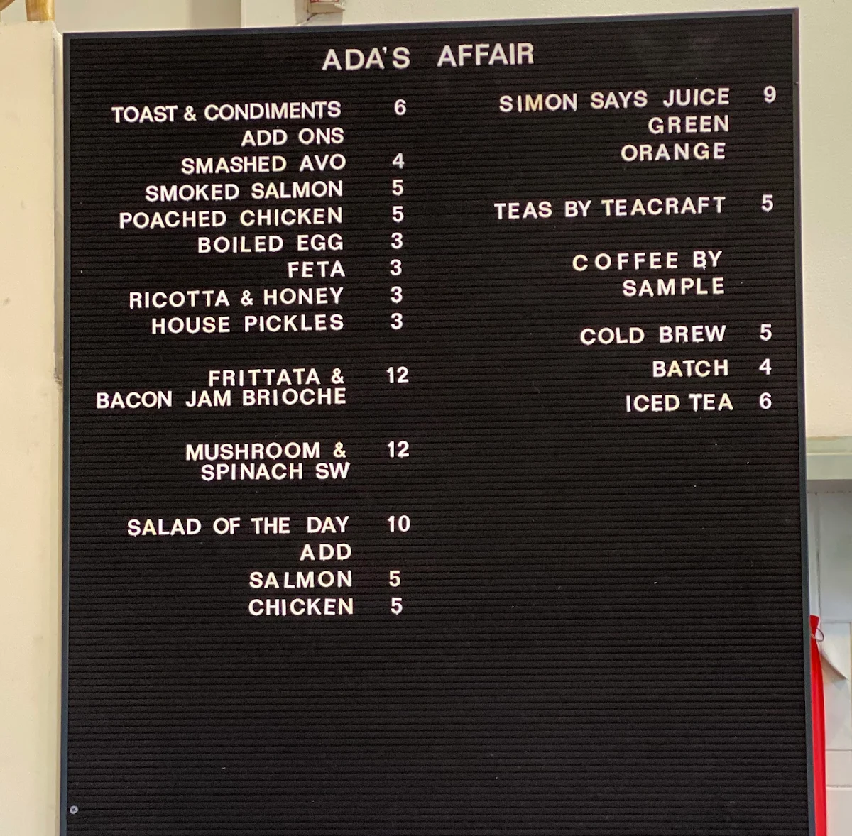 Menu, Ada's Affair Darlo