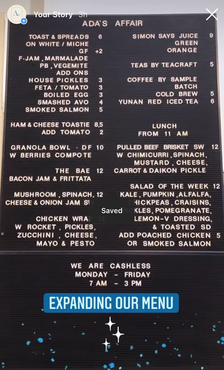 Menu, Ada's Affair Darlo