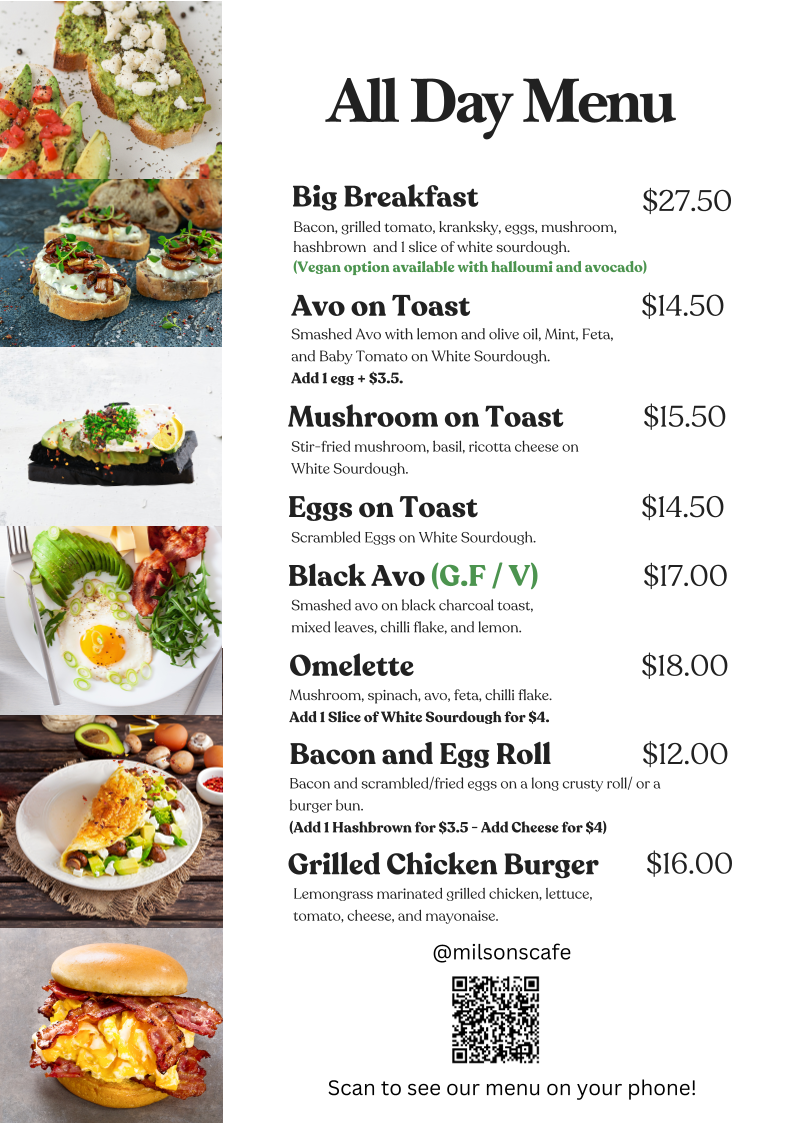 Menu, Milsons Cafe