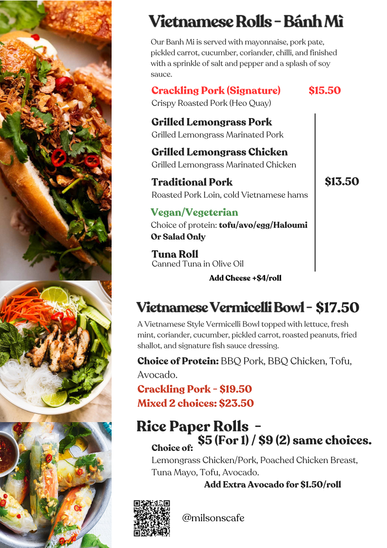 Menu, Milsons Cafe