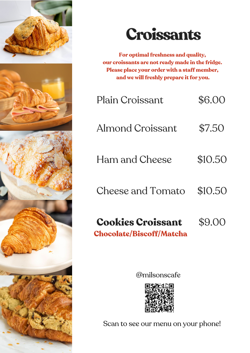 Menu, Milsons Cafe