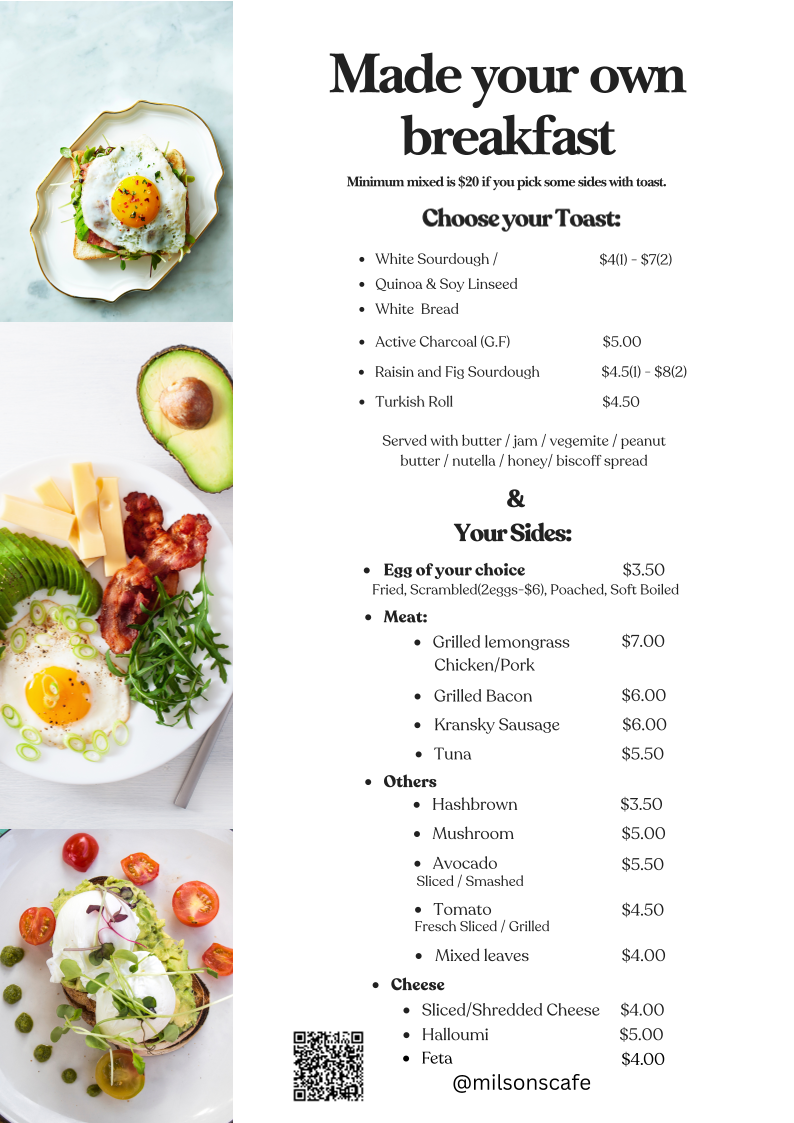 Menu, Milsons Cafe