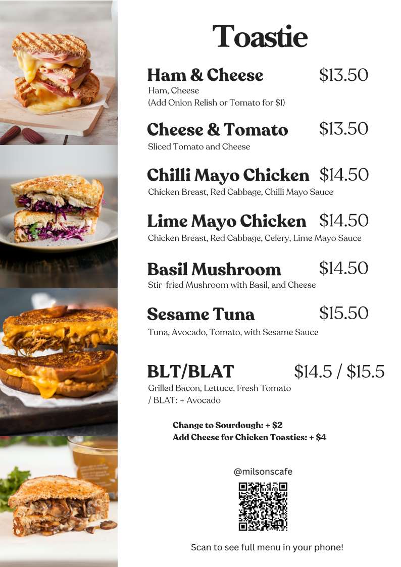 Menu, Milsons Cafe