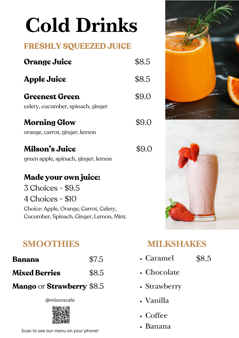 Menu, Milsons Cafe