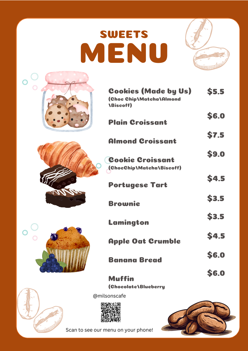 Menu, Milsons Cafe