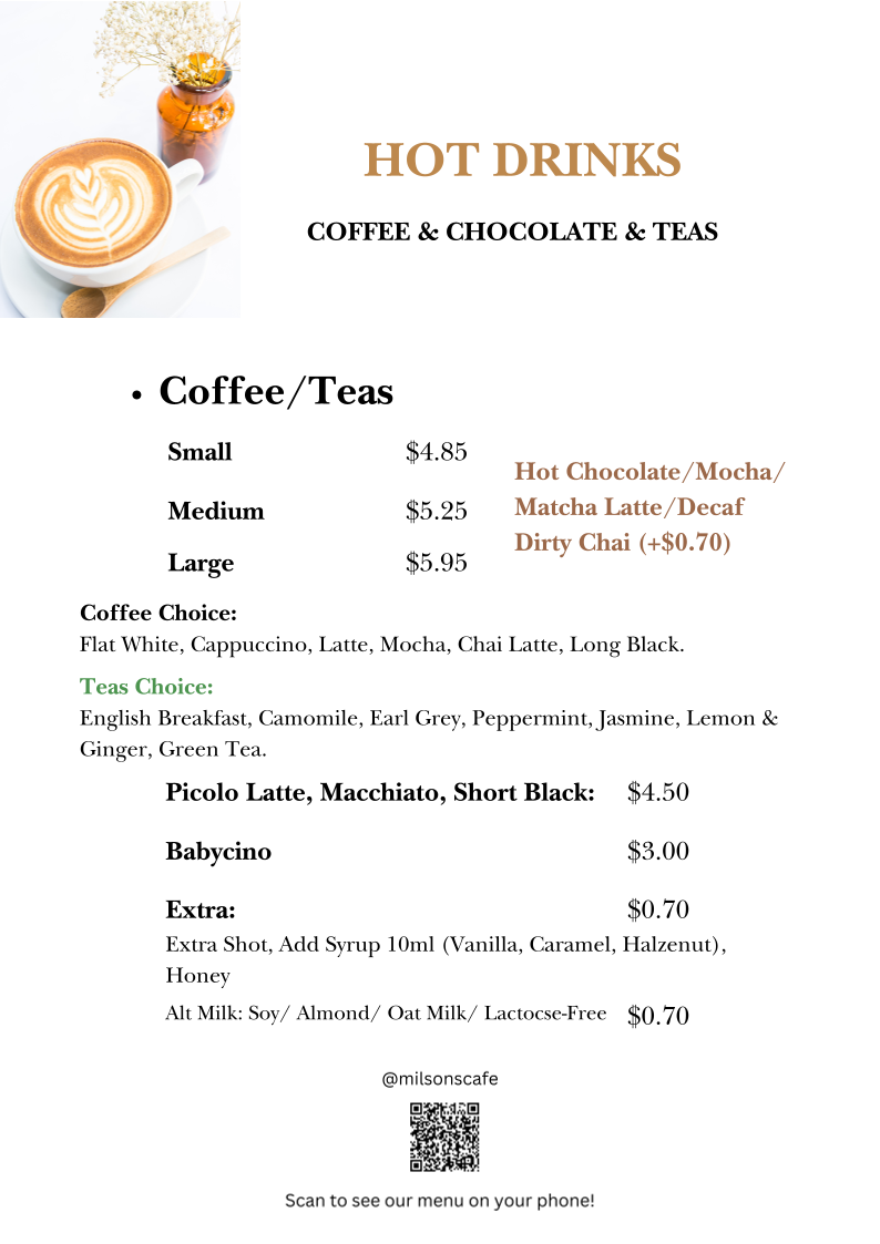 Menu, Milsons Cafe