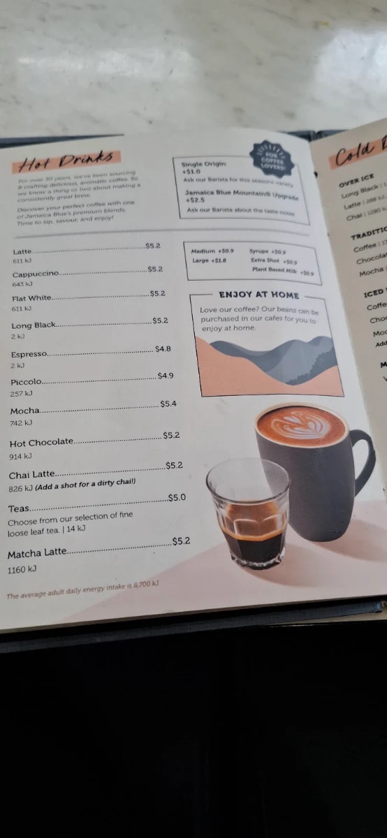 Menu, Jamaica Blue Narellan Town Centre