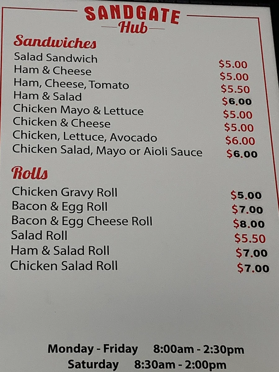 Menu, Sandgate Hub