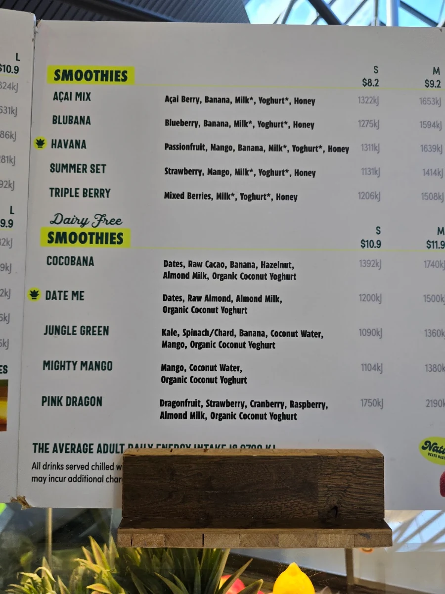 Menu, Top Juice Belconnen