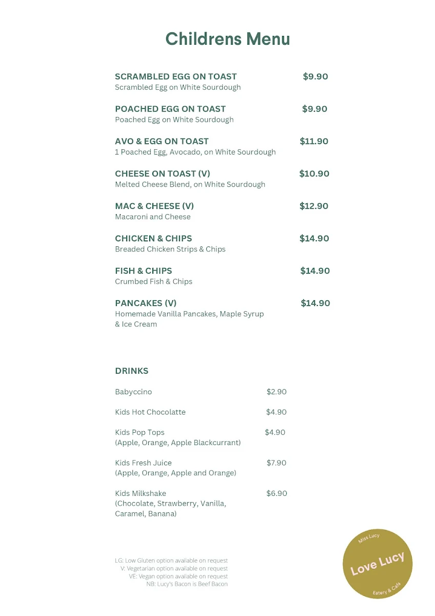 Menu, Miss Lucy