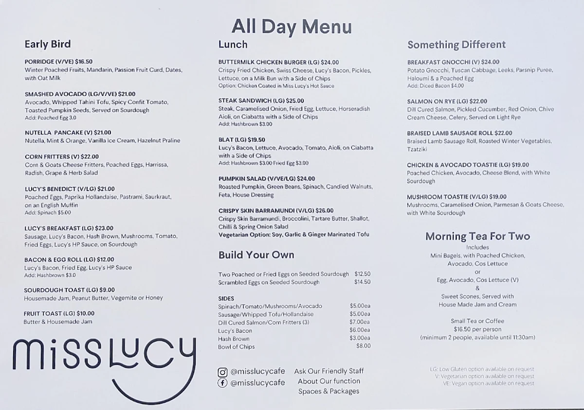 Menu, Miss Lucy