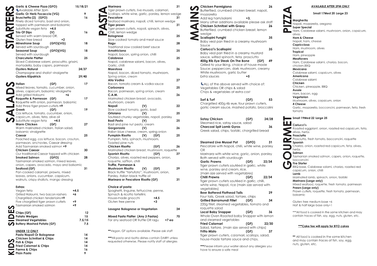 Menu, Carlucci's Restaurant