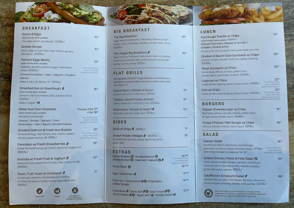 Menu, The Coffee Club