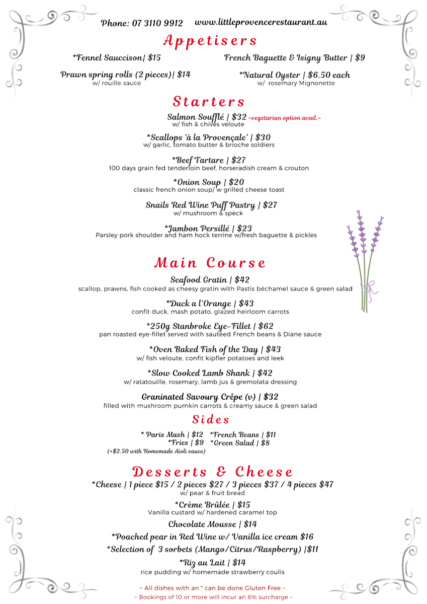 Menu, Little Provence Restaurant