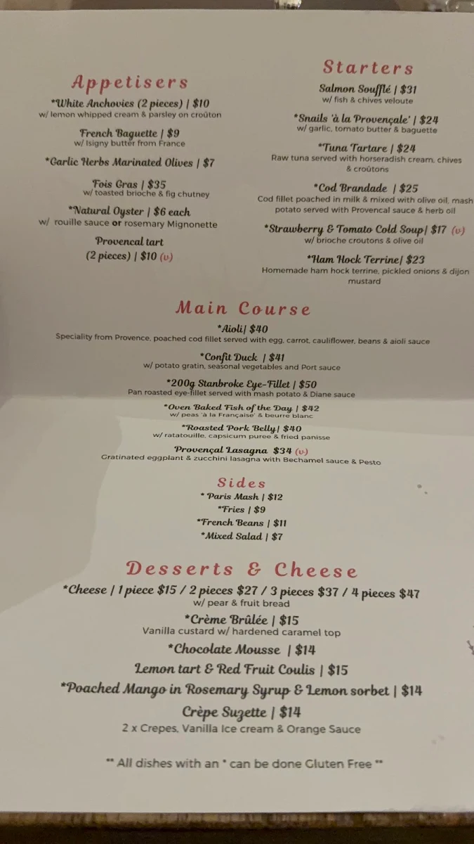 Menu, Little Provence Restaurant