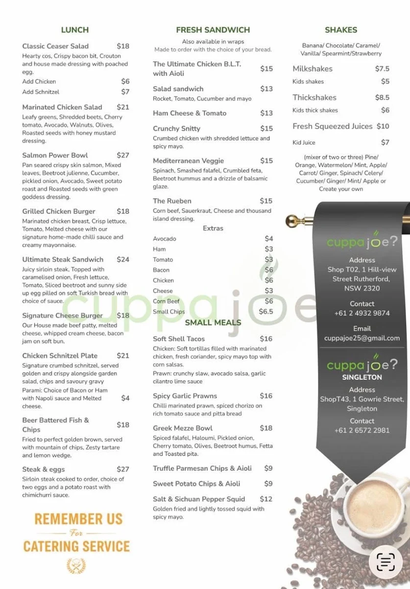Menu, CUPPA JOE SINGLETON