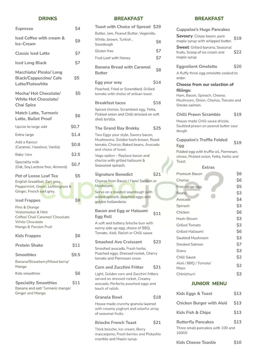 Menu, CUPPA JOE SINGLETON