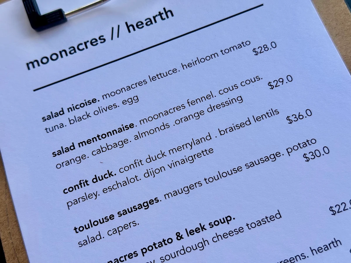 Menu, Hearth by Moonacres